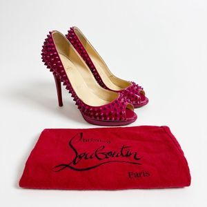 CHRISTIAN LOUBOUTIN Yolanda Pink Spike Heels Size 37.5 US 7 Peep Patent Leather